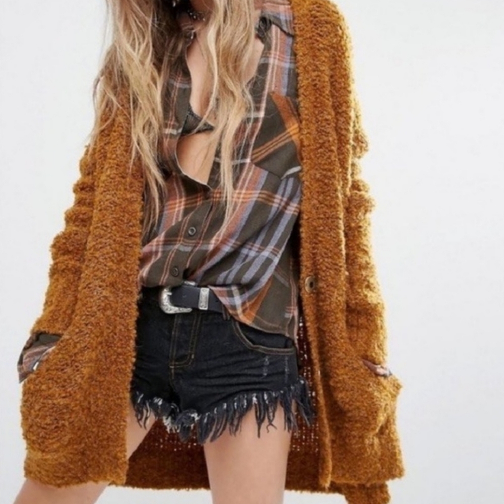 RARE Free People Boucle Slouchy Cardi Sweater in Rust sz Large